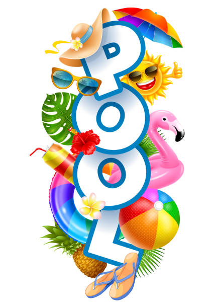 Swimming Pool Lettering Pool word, letters with bright and colorful objects related to summer relaxing by the swimming pool. Such as inflatable ring, beach ball, umbrella and cold drinks. Vector realistic 3d illustration pineapple beach stock illustrations