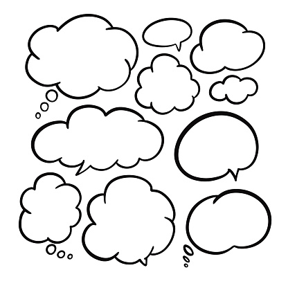 Clouds set speech bubbles elements monochrome color line art vector illustration. Objects isolated on white background.