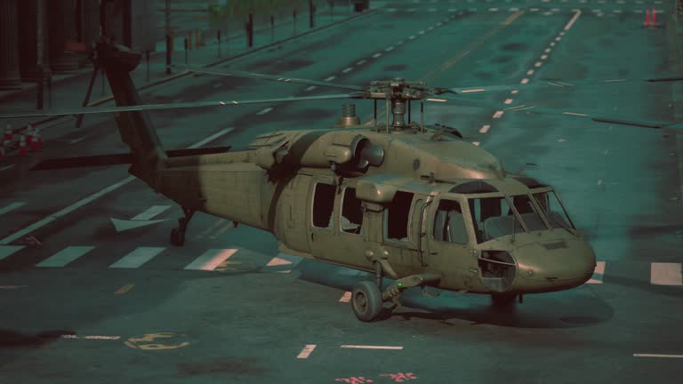 black war chopper in the city