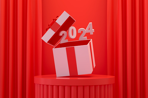 2024 flying out of gift box on red background. Digitally generated image.