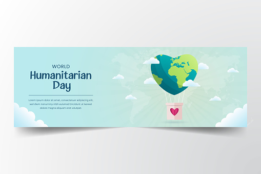 World Humanitarian day horizon banner design with air balloon and heart shape globe illustration