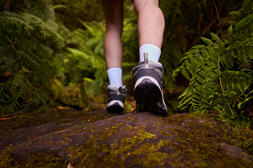 Close up of unrecognizable hiker walking through nature. Copy space.