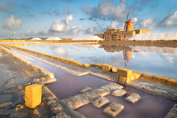Saline dello Stagnone and the reflection of the wind mill at sunrise, Marsala, Trapani province, Italy, Europe