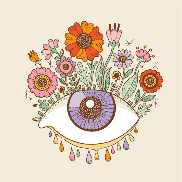 Psychedelic eye retro groovy illustration with flowers, drops. Trippy sticker with doodle surreal clipart of melting eye with flowers, vector hand drawn illustration. Mystic occolt illuminati symbol Psychedelic eye retro groovy illustration with flowers, drops. Trippy sticker with doodle surreal clipart of melting eye with flowers, vector hand drawn illustration. Mystic occolt illuminati symbol magic eye pattern stock illustrations