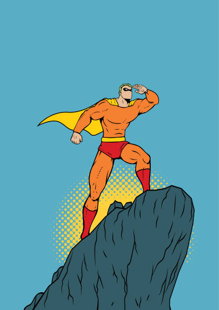 A retro pop art style vector illustration of a superhero standing on a rock while looking at far away with his hand. Easy to grab and edit. Wide space available for your copy.