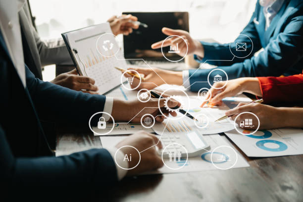 istock Business team present professional investor working new start up project. Digital tablet laptop computer Finance managers meeting with digital marketing media in virtual icon 1499669707