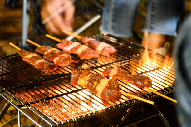 Close up grilling barbecue in the campground at summer camp travel, Skewers of pork and beef fillet on barbecue party dinner in camping, Summer Camp Travel one activity for relaxing. stock photo