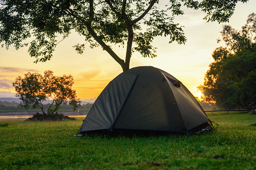 Camping black tent on grass nature in early morning or during sunrise beautiful view, golden morning light, Summer camping. Tourism with natural, Healthy freedom lifestyle and mental recreation.