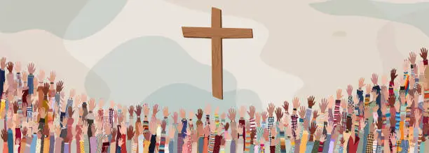 Vector illustration of Group many Christians people with raised hands praying or singing.Christianity in the world.Christian worship.Concept of faith and hope in Jesus Christ.Background with wooden crucifix
