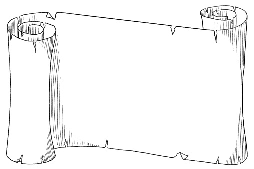 line ink drawing of illustration of a parchment with text free space on white background