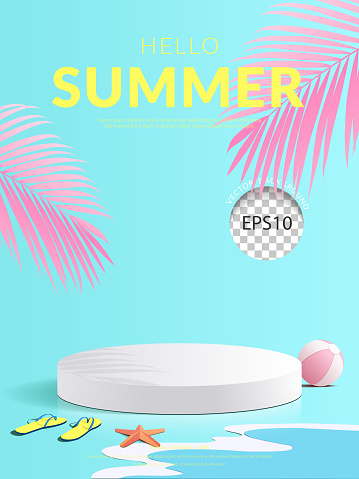 Hello summer paper cut beach theme decoration background. Modern stage podium for product. Vertical size. Vector illustration