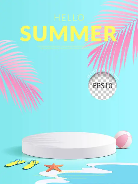 Vector illustration of Hello summer paper cut beach theme decoration background. Modern stage podium for product. Vertical size. Vector illustration