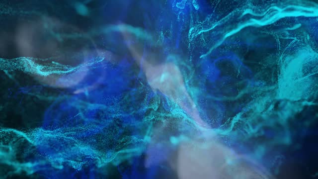 Blue on black Abstract Particles Background. Vivid Color Fluid Particles. Abstract motion design background shining neon particles. Backdrop with beautiful bokeh. 3d abstract animation in 4K