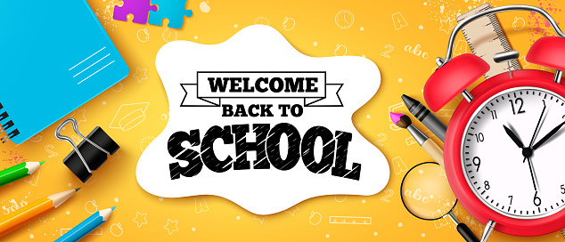 Back to school text vector design. Welcome back to school typography in empty space with alarm clock, color pencil and crayons elements. Vector illustration educational background.