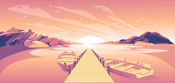 Summer sunset with pier and boat among mountains. Gradient vector illustration. Pink, orange and purple.