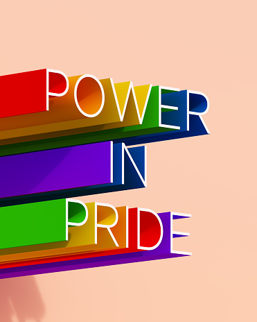 LGB LGBT LGBTQ LGBTQIAS2 Pride In Power 3d Text Typescript Abstract Rainbow Celebration Colours Peach Background 3d illustration render digital rendering
