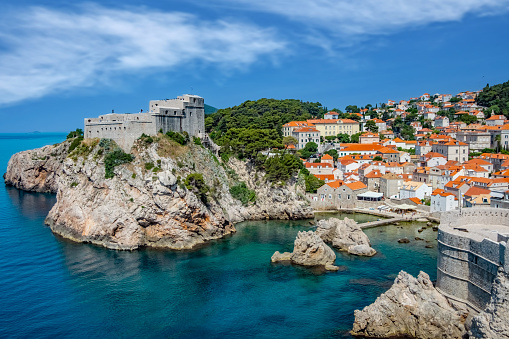 A view over the harbour of Dubrovnik old town and Fortress Lovrijenac, Croatia.