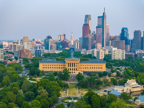 Philadelphia, United States – June 10, 2023: An aerial view of the Philadelphia Museum of Art at sunset.