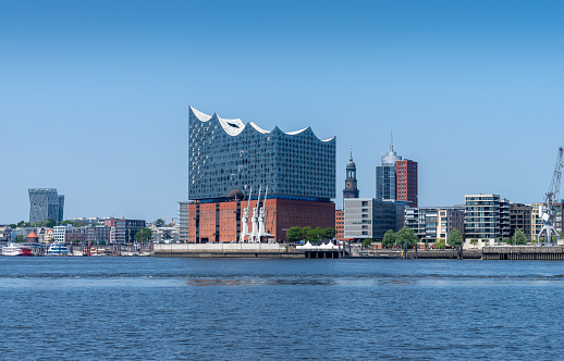 Skyline of Hamburg harbor from waterfront, Hamburg Elbphilharmonie