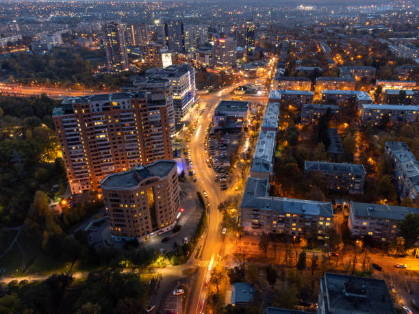 istock Aerial illuminated city at sunset, Kharkiv streets 1499692896
