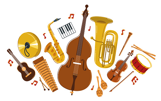 Classical music instruments composition vector flat style illustration isolated on white, classic orchestra acoustic sound, concert or festival, diversity of musical tools.