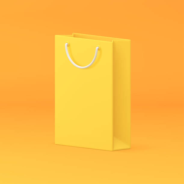 istock Yellow 3d paper shopping bag with handles commercial promo advertising realistic vector 1499693151