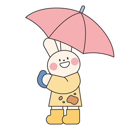 Rainy Day. A rabbit in a raincoat is holding an umbrella and smiling. Simple illustration with outlines.