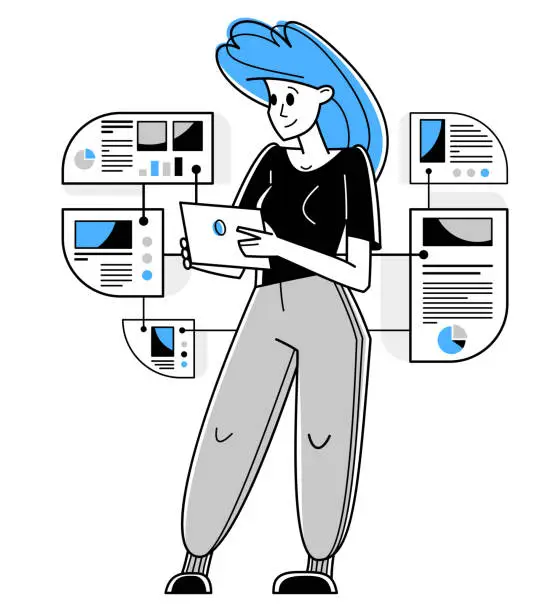 Vector illustration of Intellectual worker woman making analysis of some data on pc or web, data systematization, collecting and analyzing information, vector outline illustration.