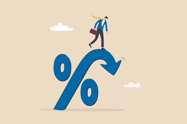 Inflation or interest rate falling down, decrease or reduction, profit fall in economic recession, stock market value loss, FED reduce interest rate, businessman on percentage sign with falling down. vector art illustration