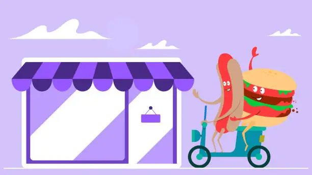 Vector illustration of Hot dogs and hamburger riding motorcycles