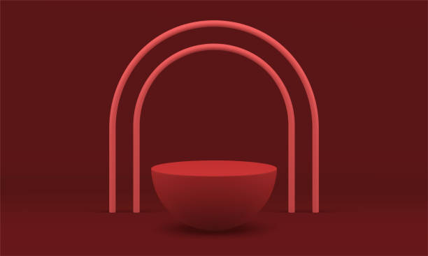 istock Red 3d stage geometric base foundation semisphere pedestal with arch merchandise retail vector 1499695847
