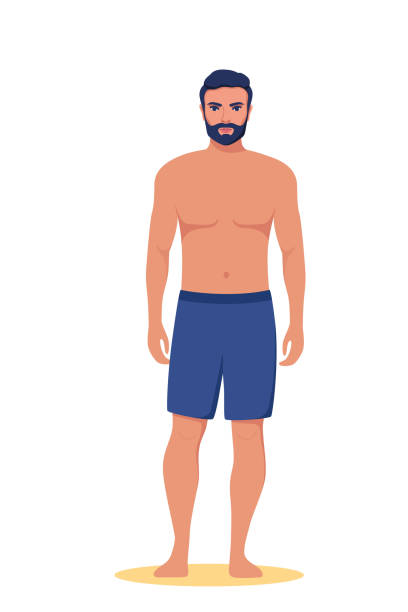 ilustraciones, imágenes clip art, dibujos animados e iconos de stock de hombre vestido en traje de baño parado en la playa. vacaciones de verano. hermoso hombre en pantalones cortos. ilustración vectorial. - swimming trunks illustrations