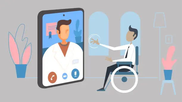 Vector illustration of Disabled man have online tablet consultation with doctor in his home