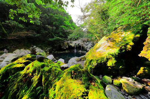 It is a beautiful scenery of Wonang Falls, a famous tourist attraction in Jeju Island.
