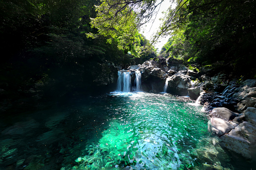 It is a beautiful scenery of Wonang Falls, a famous tourist attraction in Jeju Island.