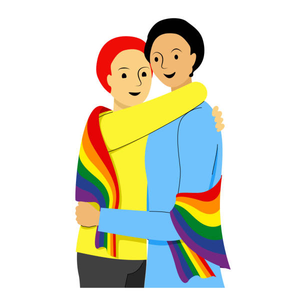 szczęśliwi chłopcy para z tęczową flagą podczas miesiąca dumy - gay man homosexual rainbow teenager stock illustrations