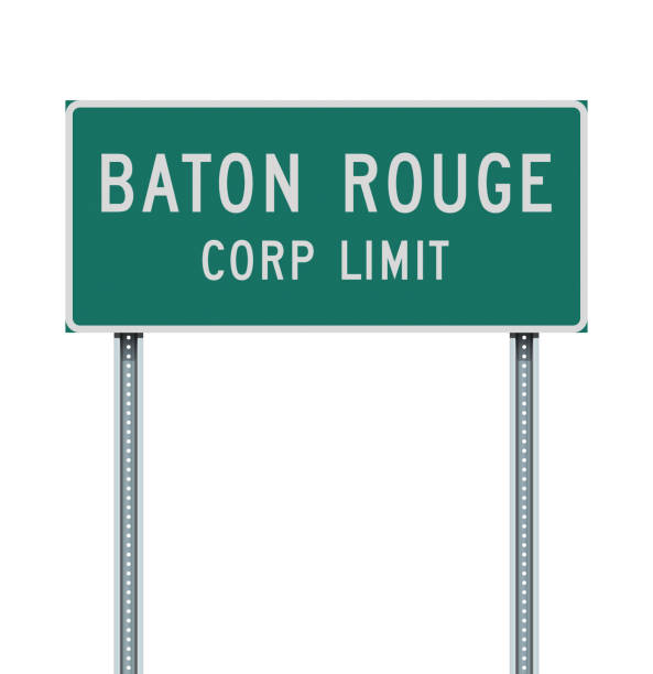 Baton Rouge Corp Limit road sign Vector illustration of the Baton Rouge (Louisiana) Corp Limit green road sign on metallic posts road sign ahead stock illustrations