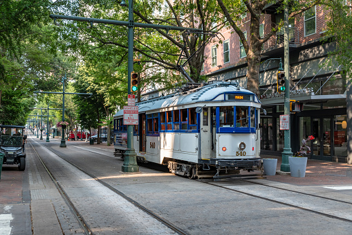 Memphis, Tennessee, USA. 6 June 2023. Old tram in Memphis in the city center.