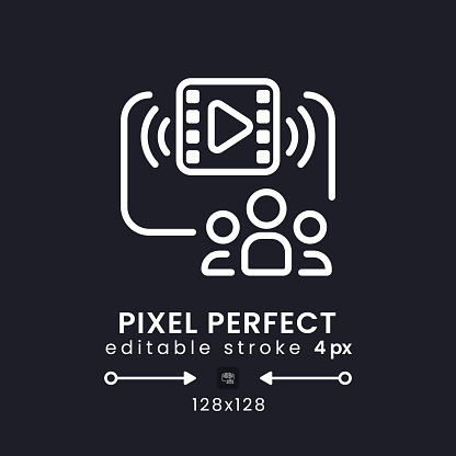 Family-friendly programming white linear desktop icon on black. Live streaming platform. Pixel perfect 128x128, outline 4px. Isolated user interface symbol for dark theme. Editable stroke
