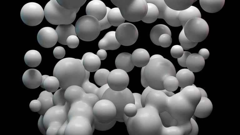 White 3D drops separate and reattach from liquid sphere on black background. Nanotechnology, future science, chemistry concept. Floating abstract nanoparticles or molecules.