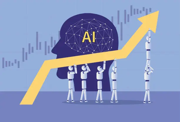 Vector illustration of Robot holding up artificial intelligence stock market rising arrow, stock market rising concept image.