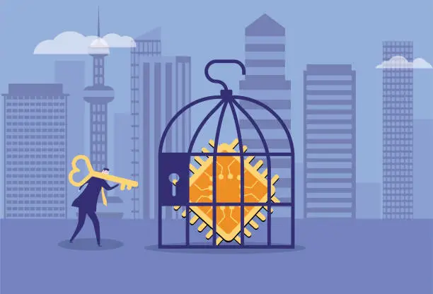 Vector illustration of Business man using a key to open the chip in the cage