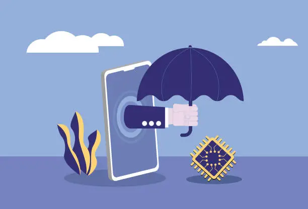 Vector illustration of Holding an umbrella to protect the chip，Conceptual image of intellectual property protection