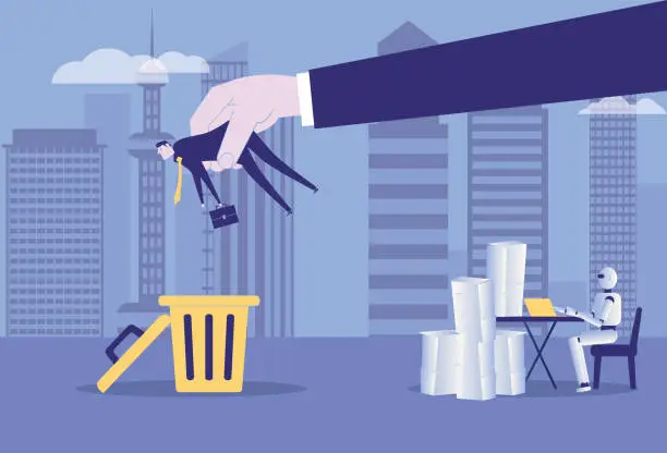 Vector illustration of Robots replace human work, business men are thrown into the trash can