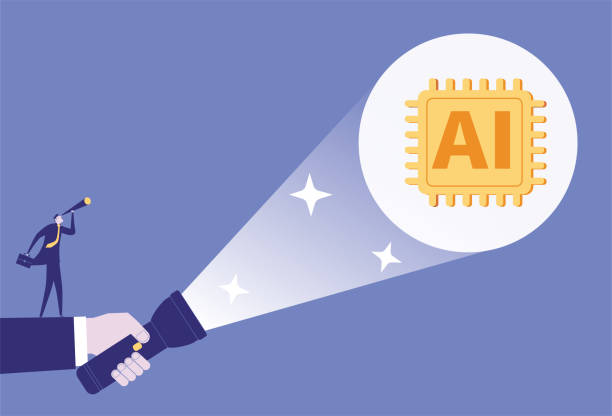 Giant man with flashlight helps business man view artificial intelligence with binoculars Giant man with flashlight helps business man view artificial intelligence with binoculars flashlight stock illustrations