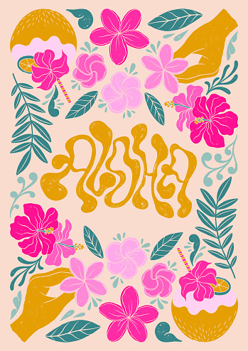 Aloha - trendy liquid hand written lettering quote. Floral leaves decorative elements, flowers, buds.