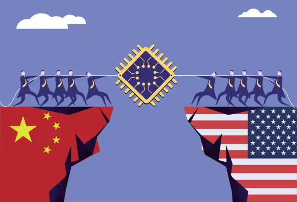 Vector illustration of Two teams standing on the cliff of Chinese flag and American flag tug of war for chips, China-US competition concept image.