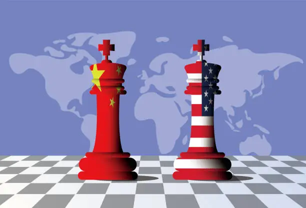 Vector illustration of Chinese chess pieces compete with American chess pieces.