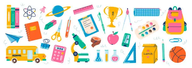 Vector illustration of School elements set. Vector flat illustration in hand drawn style. Back to school