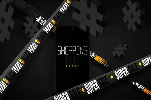 Vector illustration of The concept of seasonal sales in a modern style. Black Friday. mobile phone with 3D hashtags and protective discount tapes on a dark abstract background. Stylish creative template or web banner.